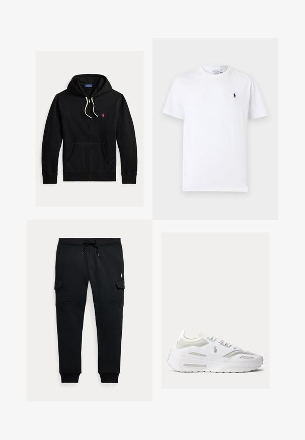 Čierna mikina na zips s bielymi šnúrkami, prednými vreckami a malým červeným logom Polo Ralph Lauren na ľavej strane hrude.; Biele tričko s krátkym rukávom a okrúhlym výstrihom, s malým tmavomodrým logom hráča póla na ľavej strane hrudníka.; Čierne cargo jogger nohavice s šnúrkou v páse, bočné vrecká s chlopňou, rebrované manžety a malé biele logo hráča póla na pravej stehne.; Biely nízky teniska so sieťovanými panelmi, šnúrkami a logom Ralph Lauren na boku a podrážke, zobrazená z vonkajšej strany.