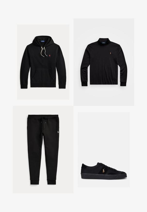 Must zip-up kapuutsiga dressipluus valgete paelte, esikotid ja väike punane Polo Ralph Lauren logo vasakul rinnal.; Must have pikkade varrukatega must polo särk, millel on kõrgem krae. Valmistatud siledast kangast, vasakul rinnal on väike tikitud logo.; Mustad jogger-püksid, mansettidega pahkluude juures, nööriga vöökoht, küljetaskud ja väike valge polo mängija logo paremal reiel.; Mustavad tossud, mille pealsel on kangas ja nahaefekt, ümar varvas, lame kummist tald ja tikitud logo küljel. Sidumisdisain kuue silmadega.