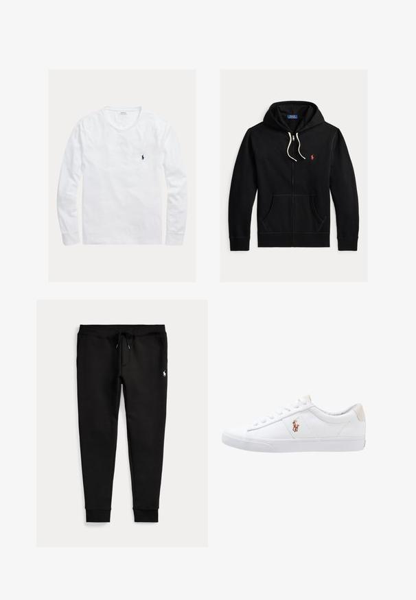 Zwarte hoodie met ritssluiting, witte trekkoorden, frontzakken en klein rood Polo Ralph Lauren-logo op de linkerborst.; Wit shirt met lange mouwen en ronde hals, met klein donkerblauw Polo Ralph Lauren-logo geborduurd op de linkerborst.; Zwarte joggerbroek met omgeslagen enkels, taille met trekkoord, zijzakken en klein wit polo-spelerlogo op de rechterdij.; Witte canvas sneakers met een laag ontwerp, featuring een beige hieltab en een klein geborduurd logo aan de zijkant. Rubber zool.