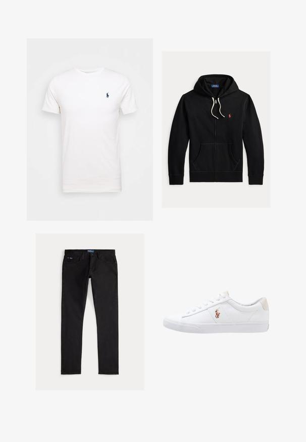 Sudadera con capucha negra con cremallera, cordones blancos, bolsillos delanteros y pequeño logo rojo de Polo Ralph Lauren en el pecho izquierdo.; Camiseta de algodón blanca con cuello redondo. Presenta un pequeño logo azul oscuro en el lado izquierdo del pecho. Mangas cortas, textura suave.; Vaqueros negros de mezclilla con un ajuste slim, que cuentan con cinco bolsillos, trabillas para cinturón y una etiqueta azul de la marca en la cintura. Tejido liso y duradero.; Zapatilla de lona blanca con diseño de corte bajo, que cuenta con un taco trasero beige y un pequeño logo bordado en el costado. Suela de goma.