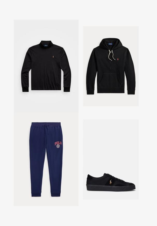 Must zip-up kapuutsiga dressipluus valgete paelte, esikotid ja väike punane Polo Ralph Lauren logo vasakul rinnal.; Must have pikkade varrukatega must polo särk, millel on kõrgem krae. Valmistatud siledast kangast, vasakul rinnal on väike tikitud logo.; Tumesinised dressipüksid kinnituspaelaga vöökohal, punase "POLO" logoga ja embleemiga ülemisel vasakul reiel.; Mustavad tossud, mille pealsel on kangas ja nahaefekt, ümar varvas, lame kummist tald ja tikitud logo küljel. Sidumisdisain kuue silmadega.
