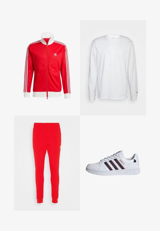Rode trainingsjack gemaakt van gladde stof met witte accenten. Voorzien van een hoge kraag, volledige rits en drie witte strepen op elke mouw.; Witte lange mouwen T-shirt van katoen. Ronde hals ontwerp met ribgebreide manchetten en een klein logo op de linkermouw. Gladde textuur.; Rode sportbroek van een zacht materiaal, met een slim fit, elastische tailleband en witte zijstrepen met logo detail nabij de heup.; adidas Originals Sneakers laag - white