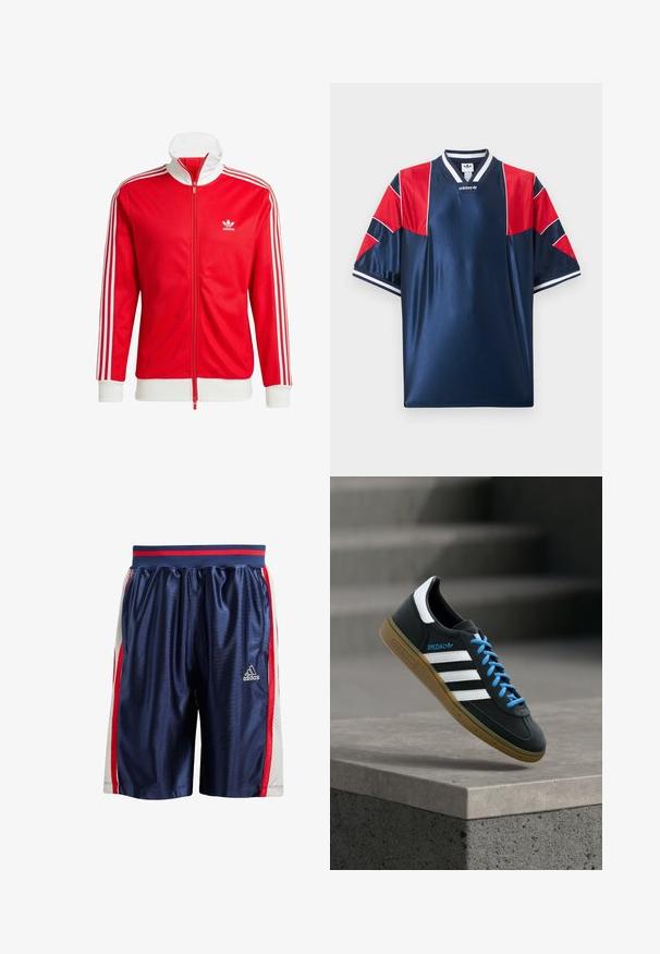 Rode trainingsjack gemaakt van gladde stof met witte accenten. Voorzien van een hoge kraag, volledige rits en drie witte strepen op elke mouw.; Marineblauw Adidas sportshirt met rode meshpanelen op de schouders en mouwen, witte gestreepte kraag en mouwboorden, logo op de borst.; Blauwe sportshorts met een glanzende afwerking. Voorzien van rode en witte zijkanten met strepen en geventileerde meshpanelen. Elastische tailleband met rode accenten.; Zwarte Adidas-sneaker met witte strepen, blauwe veters en een gumzool die boven een grijze betonnen trede zweeft in zacht licht.
