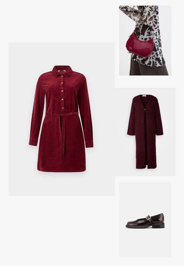 Bordeaux open-front cardigan met lange mouwen en een enkele parelknoopsluiting, gemaakt van zacht breimateriaal, met een relaxte pasvorm.; Bordeaux corduroy jurk met lange mouwen, knopen aan de voorkant, kraag en tailleband. Voorzien van zijknopen en een licht uitlopende rok.; Enkele glanzende donker bordeauxrode Mary Jane schoen met brede band en zilveren gesp, lage blokhak en afgeronde neus op witte achtergrond.; Vrouw met een zwart-wit gebloemde blouse houdt een glanzende rode schoudertas vast tegen een effen achtergrond.