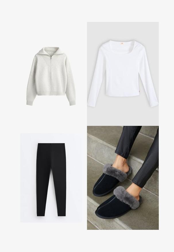 Lichtgrijze gebreide trui met rits, lange mouwen en een brede geribde kraag.; Witte longsleeve t-shirt van geribbelde stof, met een vierkante halslijn en een aansluitend model, voorzien van een klein logotag aan de zijkant.; Zwarte nauwsluitende leggings met een hoge taille en gladde stof, plat gelegd tegen een witte achtergrond.; Zwarte suède slippers met een grijze nepbont omslag, ronde neus en contrasterende stiksels. Zachte textuur en instapontwerp voor gemakkelijk aan- en uittrekken.