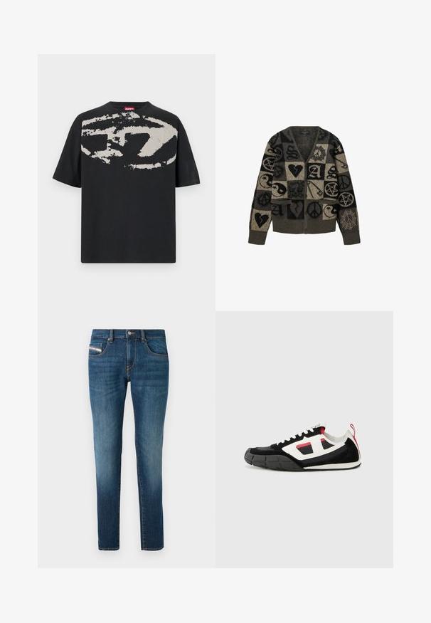 Strikket cardigan med knapper i sort og beige ternet mønster, der indeholder fredstegn, knuste hjerter, sikkerhedsnåle, edderkoppespind og bogstavet 'A' motiver.; Sort t-shirt med et stort, abstrakt lys grå grafik foran. Korte ærmer og en klassisk rund halsudskæring. Materialet er bomuld.; Mørkeblå denim jeans med en let falming, lige ben-design, fem lommer og kontrasterende syninger.; Diesel S PAGODHA LOW - Sneakers - black