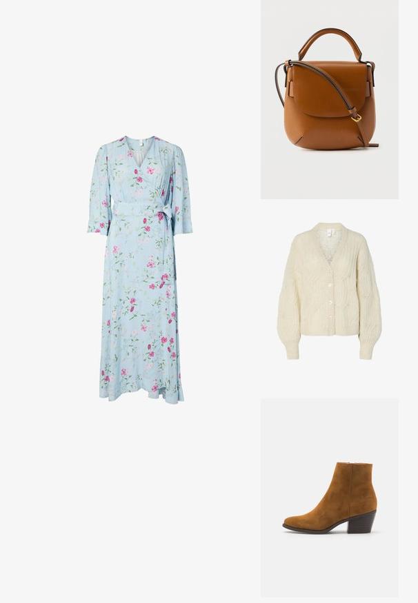 Cremefarvet strikket cardigan med V-hals, præget kabelmønster, oversized ærmer og store, blanke knapper. Letvægts, tekstureret stof.; Lyseblå slå-om kjole med trekvartlange ærmer og pink blomsterprint, med bindebånd i taljen og V-udskæring.; Brune ruskind ankelstøvle med spids tå og stablet hæl. Glat tekstur med lynlås i siden til lukning. Klassisk design og form.; Brun læderhåndtaske med en buet klap, top håndtag og justerbar skulderrem mod en ensfarvet baggrund.