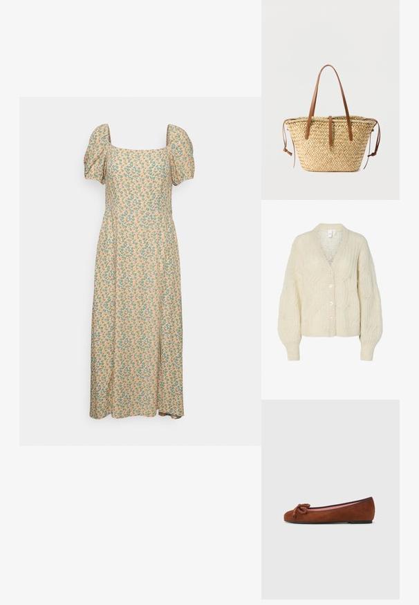 Cremefarvet strikket cardigan med V-hals, præget kabelmønster, oversized ærmer og store, blanke knapper. Letvægts, tekstureret stof.; Even&Odd Hverdagskjole - green/pink; Brune ruskind balletflats med rund tå, forsynet med en dekorativ knude foran og en kontrasterende pink indersål. Flad sål.; Vævet halmnettaske med lange brune læderhåndtag, læderrem med guldlås og snøre på siden mod en lys baggrund.