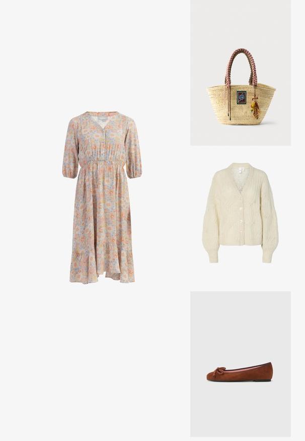 Gilet tricoté couleur crème avec un col en V, motif en relief de câbles, manches larges et gros boutons brillants. Tissu léger et texturé.; Robe mi-longue avec taille élastique, manches trois-quarts et motif floral dans des tons pastel doux sur fond bleu clair.; Ballet flat en cuir suédé marron avec un bout arrondi, dotée d'un nœud décoratif à l'avant et d'une doublure intérieure rose contrastante. Semelle plate.; Sac cabas en paille tissée avec des poignées tressées roses et marron, un patch décoratif et un porte-clés singe perlé suspendu à l'avant.