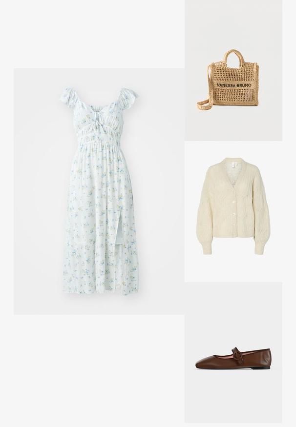 Cremefarvet strikket cardigan med V-hals, præget kabelmønster, oversized ærmer og store, blanke knapper. Letvægts, tekstureret stof.; Lyseblå blomster-maksikjole med korte flæser på ærmerne, smocket bodice og sideslids. Har små grønne og gule blomstermønstre.; Brun flad Mary Jane-sko i læder med rund spænde og sort sål på en lysegrå baggrund.; Vævet beige håndtaske med to håndtag, lang rem, åben vævning og "VANESSA BRUNO" broderet i sort på forsiden.