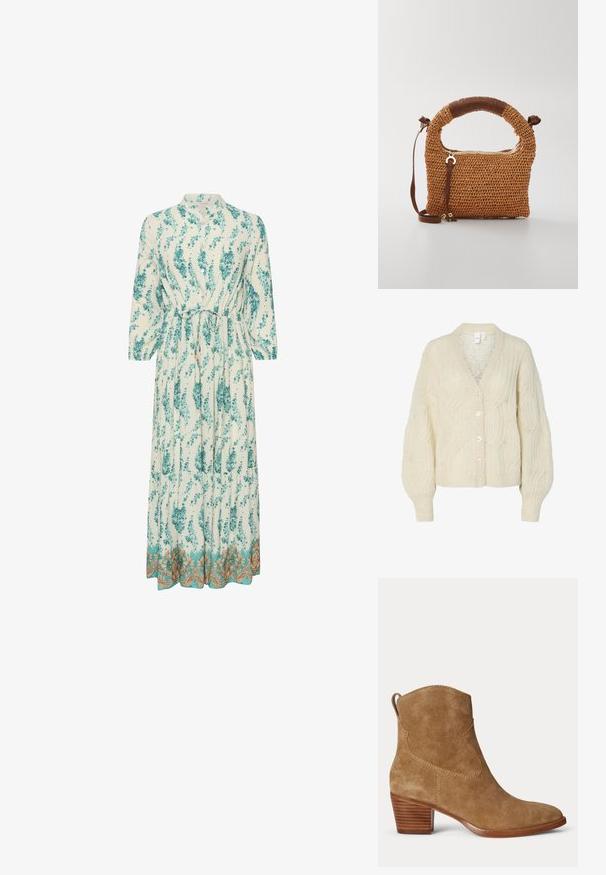 Cardigan de punto color crema con cuello en V, patrón de trenzas en relieve, mangas holgadas y grandes botones brillantes. Tejido ligero y texturizado.; Vestido largo y ligero con un patrón floral en verde azulado y blanco. Presenta un escote alto, mangas largas y un dobladillo decorativo dorado.; Botín de ante marrón con tacón bajo de madera apilada y lengüeta en la parte trasera sobre un fondo liso y claro.; Bolso de mano tejido marrón con un asa redondeada. Presenta un cierre con cremallera y una correa ajustable, complementado por un acento de cuero en el asa.