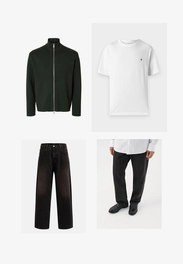 Donkergroene trui met lange mouwen en ritssluiting, een geribde hoge kraag en een zilveren ritssluiting van hals tot zoom.; Witte katoenen t-shirt met een ronde hals, korte mouwen en een klein zwart logo op de borst. Zachte textuur, casual pasvorm.; Zwarte denim spijkerbroek met een relaxed fit, voorzien van riemlussen, vijf zakken en een knoopsluiting. Gestructureerde stof met een lichte vervaging.; Zwarte denim broek gecombineerd met glanzende zwarte instappers. Het shirt is wit met dunne verticale strepen, heeft lange mouwen en een geknoopte kraag.