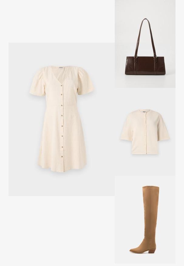 Beige cardigan met korte mouwen, gemaakt van zachte stof, met een ronde halslijn en knoopsluiting aan de voorkant, met een relaxed fit.; Lichtbeige jurk met een V-hals, korte pofmouwen en een uitlopende rok. Heeft voor knopen en een zachte, gestructureerde stof.; Kniehoge tankleurige laarzen gemaakt van een glad materiaal met een puntige neus en een lage gestapelde hak. Eenvoudig ontwerp, geen zichtbare patronen of accenten.; Bruine lakleren handtas met een rechthoekige vorm, twee lange handvatten en subtiele gebogen accenten aan de voorkant.