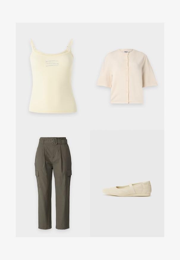 Beige Kurzarm-Cardigan aus weichem Stoff, mit Rundhalsausschnitt und Knopfverschluss auf der Vorderseite, im lässigen Schnitt.; Hellgelbes Rippentop mit dünnen verstellbaren Trägern und einem kleinen blauen Fischmotiv in der Mitte. Glatte Textur, enganliegendes Design.; Cargo-Hosen in Olivgrün, aus leichtem Stoff. Merkmale sind ein taillierter Bund, Vorderfalten und Seitentaschen mit Klappenverschluss.; Beige Ballerinas aus glattem Leder mit mandelförmiger Zehenpartie und elastischem Riemen über dem Fußrücken, ausgestattet mit dezenten Nähtelementen.