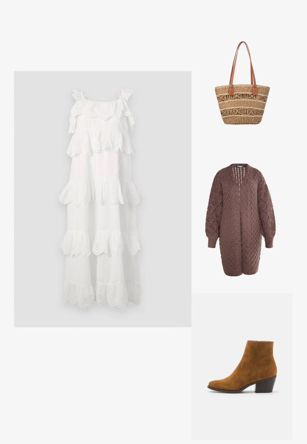 Bruine gebreide cardigan met een losse pasvorm, voorzien van opengewerkte patronen en textuur kabelontwerpen. Lange mouwen met geribde manchetten.; Witte katoenen jurk met gelaagde ruffles, oogjeskant details aan de randen en verstelbare bandjes. Lange en vloeiende ontwerp.; Bruine suède enkellaars met een spitse neus en een gestapelde hak. Gladde textuur met een zijrits voor de sluiting. Klassiek ontwerp en vorm.; Geweven stro draagtasje met open lattice ontwerp en bruine leren dubbele schouderbanden, geschikt voor casual of strandgebruik.
