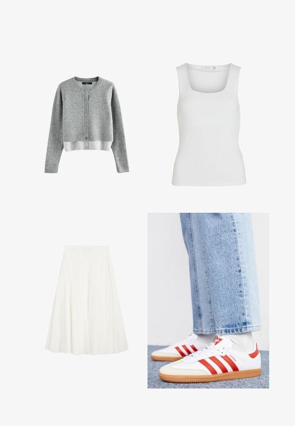 Grijze gebreide cardigan met een ronde hals, lange mouwen en knopen aan de voorkant. Heeft een iets cropped ontwerp en een ribgebreide zoom.; Witte mouwloze tanktop met een vierkante halslijn, een gladde textuur en een nauwsluitend ontwerp. Gemaakt van lichtgewicht stof.; Witte A-lijn rok tot op kniehoogte met een aangesloten tailleband, voorzien van zachte plooien voor extra volume en beweging.; Witte leren sneakers met rode strepen en accenten. Voorzien van een getextureerde gumrubberen outsole en een gevoerde kraag. Draag ze met lichtblauwe denim.