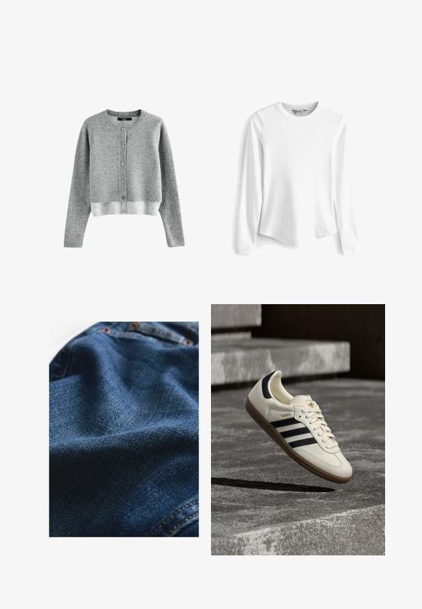Grå strikket cardigan med rund hals, lange ærmer og knapper foran. Har et lidt cropped design og ribbet kant.; Hvid langærmet ribbet T-shirt med rund halsudskæring. Har en afslappet pasform og glat tekstur, hvilket gør den til et alsidigt og åndbart valg.; Denimstof i mørkeblå, med en glat tekstur og subtile vævningsvariationer samt kontrasterende syningsdetaljer.; Hvid Adidas Samba sneaker med sorte striber og gummsål, svævende over teksturerede grå betonstrin.