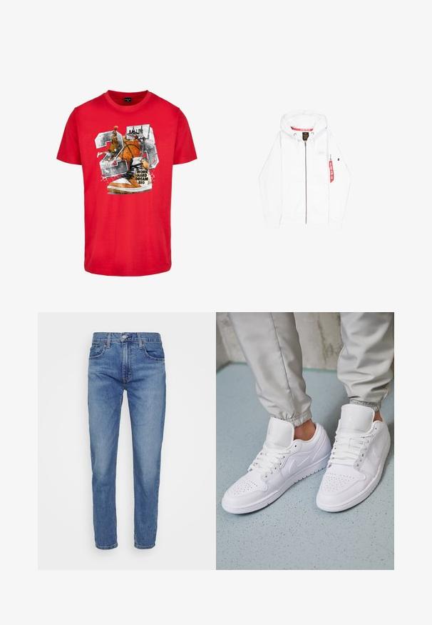 Witte zip-up hoodie van zacht materiaal, met een trekkoordcapuchon, voorzakken en een rood labeldetail op de mouw.; Rode katoenen t-shirt met een grafisch ontwerp van een basketbal, sneaker en de tekst "HARD WERKEN GROTE DROMEN." Het ontwerp bevat zwarte en oranje accenten.; Levi's® 502™ TAPER HI BALL - Slim fit jeans - dolf bombay adv; Witte leren sneakers met een geperforeerde neus, platte veters, een gepolsterde kraag en het Jordan-logo op de tong. Gediend met grijze joggers.