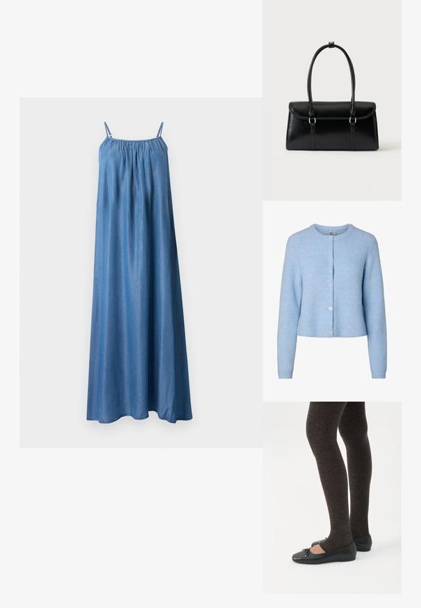 Cardigan en maille bleu clair à manches longues avec un col rond et cinq boutons sur le devant, montrant un tissu à texture douce.; Robe maxi bleu sans manches avec fines bretelles, encolure froncée et tissu fluide et ample.; Jambes portant des leggings côtelés foncés associés à des ballerines noires avec de petits détails en nœud sur fond blanc.; Sac à main rectangulaire en cuir noir avec fermeture à rabat et deux longues anses sur fond blanc uni.