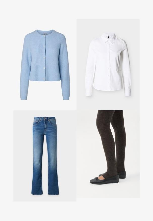 Cardigan en maille bleu clair à manches longues avec un col rond et cinq boutons sur le devant, montrant un tissu à texture douce.; Chemise blanche à manches longues avec col pointu, boutonnée à l'avant, présentée à plat sur un fond gris clair.; Jean en denim bleu avec une légère évasement en bas, fermeture avant par boutons et fermeture éclair, et poches avant sur un fond uni.; Jambes portant des leggings côtelés foncés associés à des ballerines noires avec de petits détails en nœud sur fond blanc.