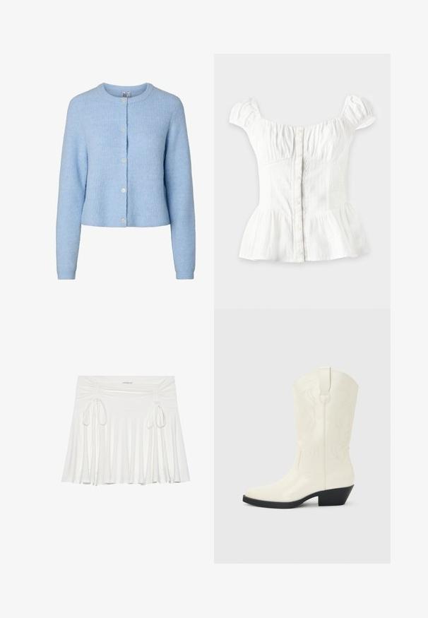 Lyseblå, langærmet strikket cardigan med rund hals og fem knapper foran, der viser et blødt tekstureret stof.; Hvid bluse med korte ærmer med knapper foran, rynket bryst, elastiske sider, puffede ærmer og udvidet peplum på en lys baggrund.; Hvid, flagrende nederdel lavet af blødt stof, med samlet sideløsninger og justerbare snore, der skaber en flydende silhuet.; Hvid western-støvle til midt på læggen med spids tå, sort stablet hæl, dekorative sømme og trækflap på skaftet.