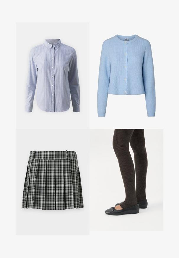 Lyseblå, langærmet strikket cardigan med rund hals og fem knapper foran, der viser et blødt tekstureret stof.; Button-up skjorte i blå og hvide vertikale striber; lange ærmer, krave og en glat bomuldsstruktur med en lige bund.; Sort-hvidt ternet plisseret nederdel med en glat talje og flere lodrette folder. Fremstillet af let stof.; Ben iført mørke ribbede leggings kombineret med sorte balletsko med små sløjfedetaljer på hvid baggrund.
