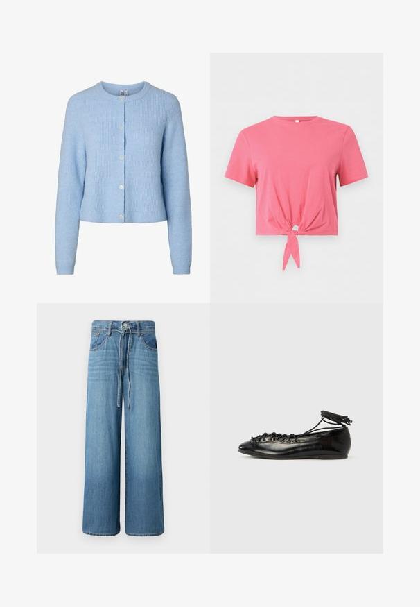 Lyseblå, langærmet strikket cardigan med rund hals og fem knapper foran, der viser et blødt tekstureret stof.; Pink kortærmet crop top med rund hals og knudedetalje foran på ensfarvet baggrund.; Bredde ben jeans i lys blå denim. Har en knappelukning med snor i taljen, fem lommer og en let falmet finish.; Sorte balletflade sko i laklæder med rundet tå, snørelukning og flad sål. Glat tekstur med få detaljer.
