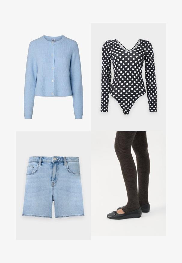 Cardigan en maille bleu clair à manches longues avec un col rond et cinq boutons sur le devant, montrant un tissu à texture douce.; Body noir à manches longues avec des pois blancs et un décolleté en V, présenté sur un fond blanc uni.; Short en jean bleu clair avec bouton à l'avant, fermeture éclair, passants de ceinture et design cinq poches sur un fond uni.; Jambes portant des leggings côtelés foncés associés à des ballerines noires avec de petits détails en nœud sur fond blanc.