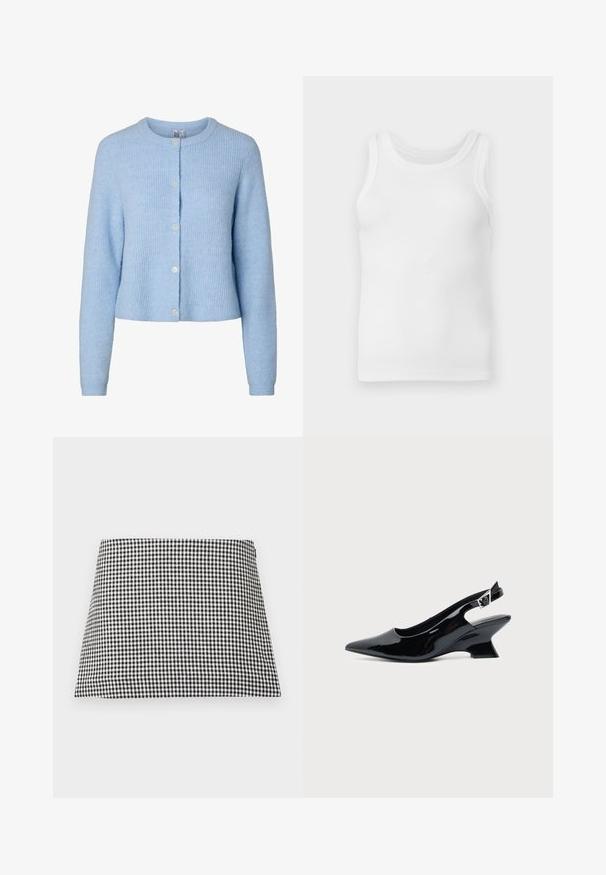 Cardigan en maille bleu clair à manches longues avec un col rond et cinq boutons sur le devant, montrant un tissu à texture douce.; Débardeur sans manches en coton blanc côtelé avec encolure ronde, présenté à plat sur un fond gris clair.; Jupe mini trapèze à carreaux noirs et blancs avec une fermeture éclair latérale sur un fond uni.; Chaussure slingback en cuir verni noir avec bout pointu et petit talon bloc incliné sur fond clair uni.