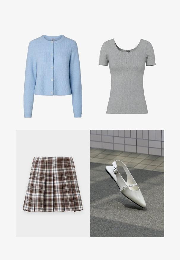 Lyseblå, langærmet strikket cardigan med rund hals og fem knapper foran, der viser et blødt tekstureret stof.; Grå ribbet kortærmet top med en rund Halsudskæring og fire små knapper ned foran midt på.; Brun og hvid ternet plisseret nederdel med en struktureret design og sprød tekstur, der har høj talje og flere lodrette folder.; Hvid spids slingback flad sko med to sølvspænder, vist udendørs på tekstureret underlag og flisebelagt væg baggrund.