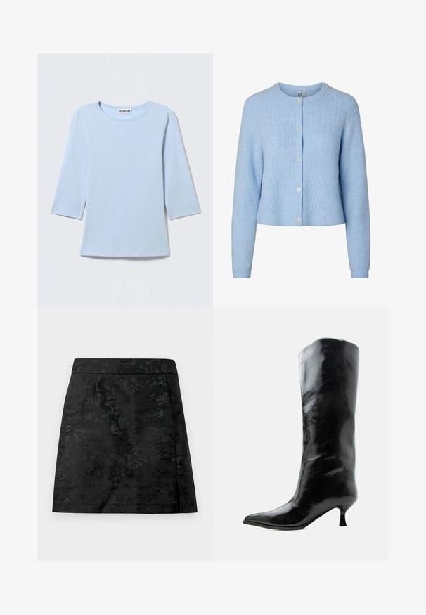 Cardigan en maille bleu clair à manches longues avec un col rond et cinq boutons sur le devant, montrant un tissu à texture douce.; Chemise bleu clair à manches longues avec col rond, design uni, et étiquette "WEEKDAY" au dos du col.; Jupe noire avec un motif floral, texture lisse et coupe ajustée. Présente une taille élastiquée et une coupe droite avec une légère évasement.; Botte en cuir noire brillante, haute jusqu'au genou, avec bout pointu et talon bas courbé sur un fond clair uni.