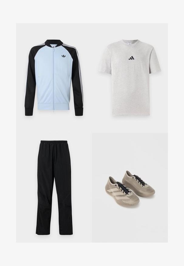 Lichtblauw trainingsjack met zwarte mouwen, witte strepen langs de mouwen, een ritssluiting aan de voorkant en een klein zwart Adidas-logo op de borst.; Grijze katoenen t-shirt met korte mouwen, ronde hals, voorzien van een klein zwart logo met drie strepen op de bovenste linkerborst.; Zwarte nylont broek met een elastische tailleband, voorzien van een lichte, gestructureerde afwerking en naadaccenten voor een modern ontwerp.; Een paar beige sportschoenen met zwarte veters, met een gestructureerd, gestreept patroon en drie zijstrepen op een effen achtergrond.