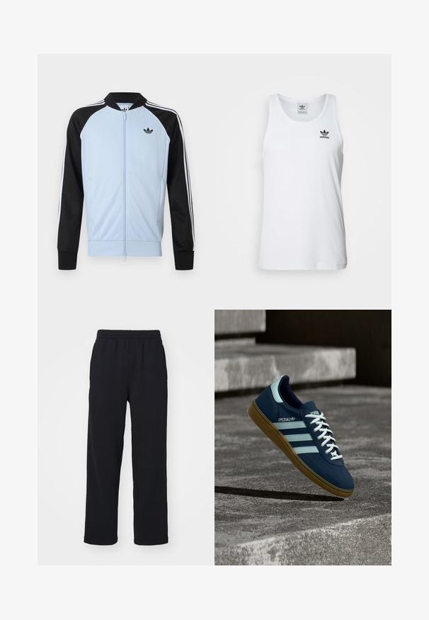 Lichtblauw trainingsjack met zwarte mouwen, witte strepen langs de mouwen, een ritssluiting aan de voorkant en een klein zwart Adidas-logo op de borst.; Witte geribde tanktop met ronde hals, zwarte Adidas-logo op de linkerborst en zonder mouwen. Zachte katoenen stof, casual pasvorm.; Zwarte sweatpants met een elastische tailleband, rechte benen en gestikte details. Gemaakt van zachte, textuurstof.; Blauwe Adidas Spezial sneaker met witte strepen en veters, gumzool, zwevend boven een ruwe betonnen oppervlakte en trappen op de achtergrond.