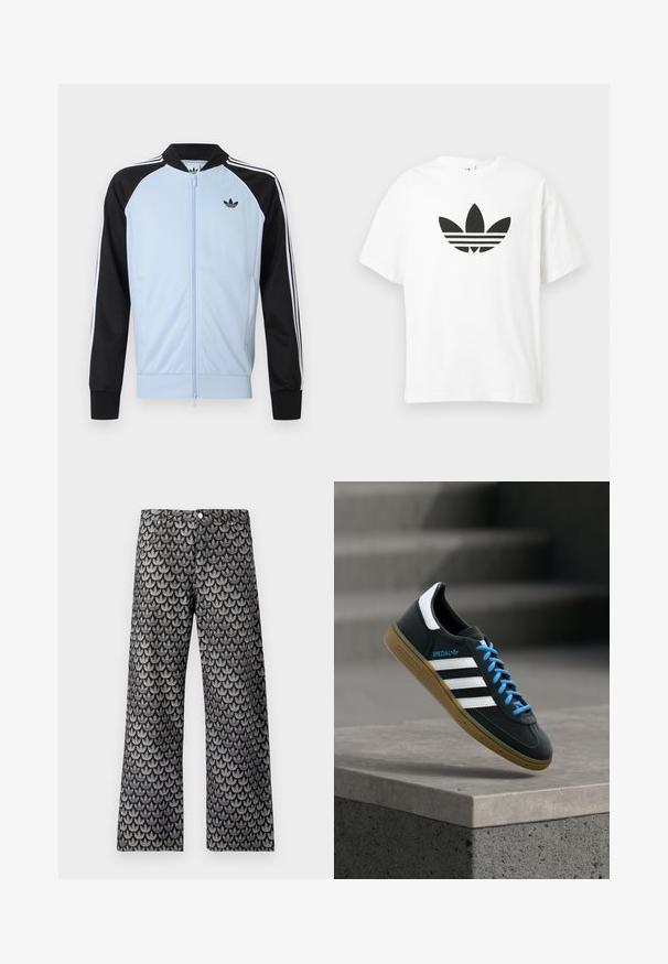 Veste de survêtement bleu clair avec manches noires, rayures blanches le long des manches, fermeture éclair à l'avant et petit logo Adidas noir sur la poitrine.; T-shirt en coton blanc avec un grand logo trefoil noir d'Adidas et trois bandes horizontales en dessous. Manches courtes, col ras du cou.; Pantalon à jambes larges en noir et gris avec un motif texturé de feuilles. Comprend un design classique à cinq poches et une fermeture par bouton en métal.; Baskets Adidas noires avec des rayures blanches, des lacets bleus et une semelle en gomme flottant au-dessus d'une marche en béton grise sous une lumière douce.