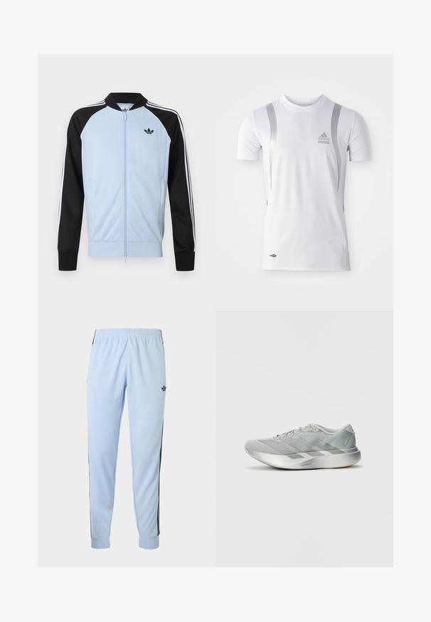 Lichtblauw trainingsjack met zwarte mouwen, witte strepen langs de mouwen, een ritssluiting aan de voorkant en een klein zwart Adidas-logo op de borst.; Wit sportshirt met korte mouwen en zilveren accenten, met een ronde hals en een Adidas-logo op de borst. Gemaakt van vochtafvoerend materiaal.; Lichtblauwe sportbroek met zwarte zijkstrepen, elastische tailleband, omgeslagen enkels en adidas-logo op de rechterdij.; Lichte grijze sport schoen met een slank ontwerp, voorzien van een gestructureerde bovenkant, drie diagonale strepen en een reflecterende zilveren zool.