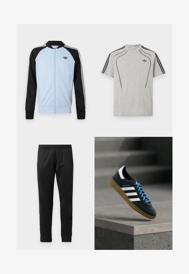 Chaqueta deportiva azul claro con mangas negras, rayas blancas a lo largo de las mangas, cremallera frontal y un pequeño logo negro de Adidas en el pecho.; Camiseta Adidas gris claro con rayas negras en las mangas, detalles de costuras curvas negras y un pequeño logo de trébol en el lado izquierdo del pecho.; Pantalones deportivos negros hechos de una tela suave, con una cinturilla elástica, piernas ajustadas y puños ribeteados en los tobillos.; Zapatilla negra Adidas con franjas blancas, cordones azules y suela de goma flotando sobre un escalón de hormigón gris con luz suave.