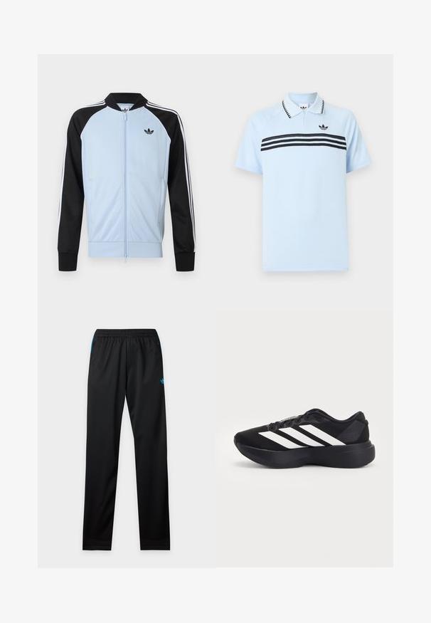 Veste de survêtement bleu clair avec manches noires, rayures blanches le long des manches, fermeture éclair à l'avant et petit logo Adidas noir sur la poitrine.; Polo bleu clair en tissu texturé avec des bandes noires en accent et un logo noir sur la poitrine. Présente un col à revers.; Pantalon de sport noir avec taille élastique, poches latérales zippées et petit logo Adidas bleu sur la cuisse gauche, en haut.; Chaussure de running noire avec une semelle épaisse et trois bandes diagonales blanches sur le côté, vue de l'extérieur.