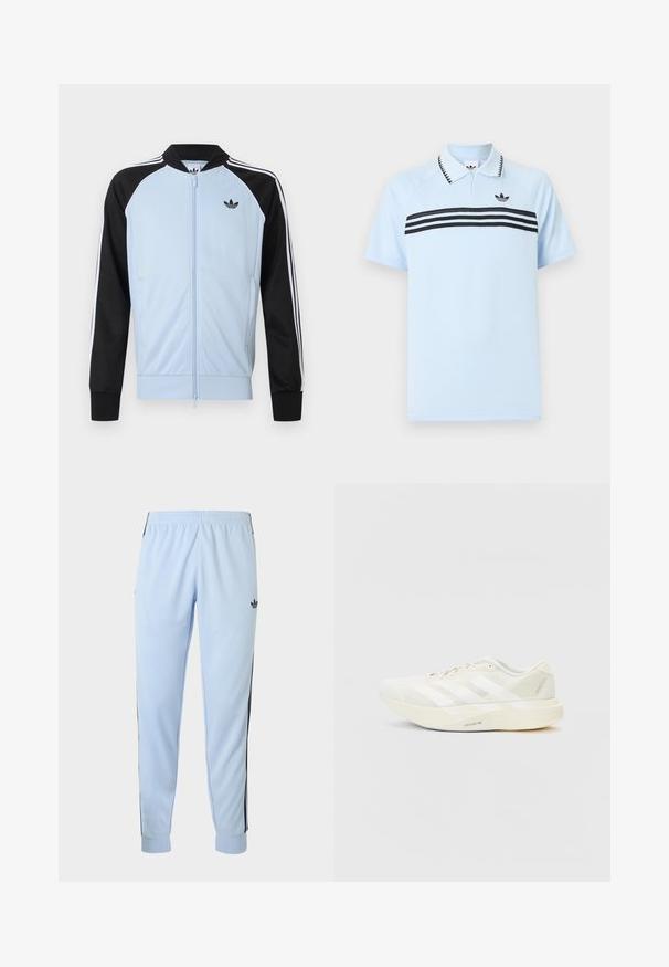 Lichtblauw trainingsjack met zwarte mouwen, witte strepen langs de mouwen, een ritssluiting aan de voorkant en een klein zwart Adidas-logo op de borst.; Lichtblauw poloshirt gemaakt van een textuurstof met zwarte accentstrepen en een zwart logo op de borst. Voorzien van een kraag.; Lichtblauwe sportbroek met zwarte zijkstrepen, elastische tailleband, omgeslagen enkels en adidas-logo op de rechterdij.; Witte sportieve schoen met een bovenwerk van mesh, voorzien van drie witte strepen, een ronde neus en een lichtgekleurde zool met het label "LIGHTSTRIKE PRO."