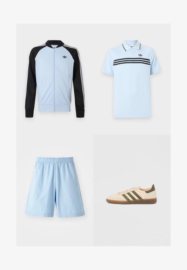 Helehall sinine track-jakk mustade varrukatega, varrukatel valged triibud, esiküljel tõmblukk ja väike must Adidas logo rinnal.; Helehall sinine polost särk, mis on valmistatud tekstuuriga kangast, mustade triipude ja musta logoga rinnal. Omab kraega kaeluse disaini.; Heledad sinise värvi, elastse vöökohaga lühikesed püksid, mis on valmistatud tekstureeritud kangast. Omab külgtaskuid ja laia lõiget, sobilikud igapäevaseks kandmiseks.; Madalprofiilne beež Adidas Spezial toss rohelist värvi triipude, kummist tallaga ja "SPEZIAL" brändinguga küljel, nähtav välisküljelt.