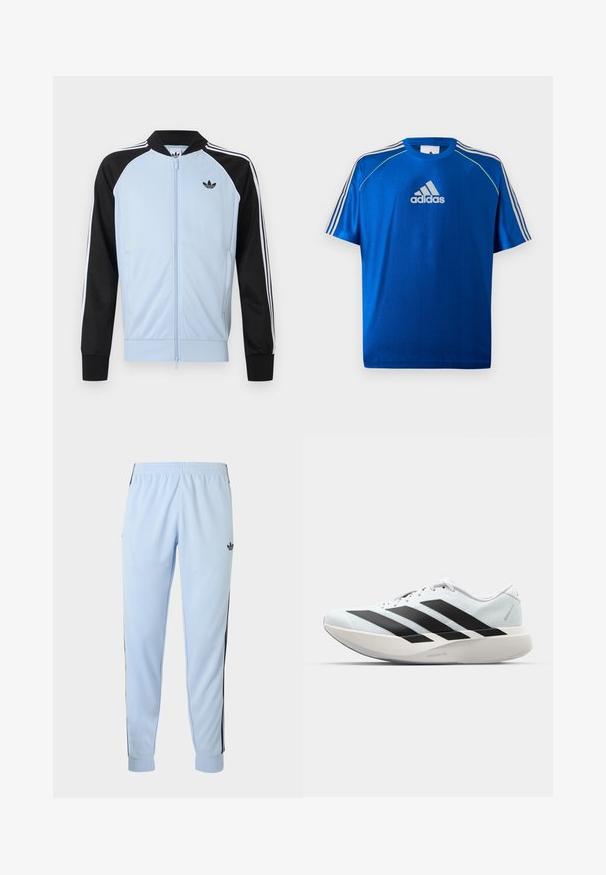 Veste de survêtement bleu clair avec manches noires, rayures blanches le long des manches, fermeture éclair à l'avant et petit logo Adidas noir sur la poitrine.; T-shirt de sport Adidas bleu avec logo blanc sur la poitrine, bandes blanches sur les épaules et passepoils jaune néon sur les coutures des épaules.; Pantalon de sport bleu clair avec rayures noires sur les côtés, taille élastique, chevilles resserrées et logo adidas sur la cuisse droite.; Chaussure de course blanche avec trois larges bandes noires sur le côté et une semelle épaisse et incurvée portant la mention Lightstrike Pro.