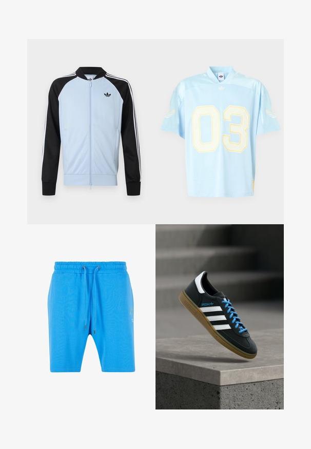 Chaqueta deportiva azul claro con mangas negras, rayas blancas a lo largo de las mangas, cremallera frontal y un pequeño logo negro de Adidas en el pecho.; Camiseta de malla azul claro, de manga corta, con el número amarillo "03" en el frente. Logo de Adidas en amarillo suave en los hombros.; Pantalones cortos de algodón azul con una cinturilla elástica, cierre de cordón y un sutil detalle gráfico en el lado. Textura suave y corte holgado.; Zapatilla negra Adidas con franjas blancas, cordones azules y suela de goma flotando sobre un escalón de hormigón gris con luz suave.