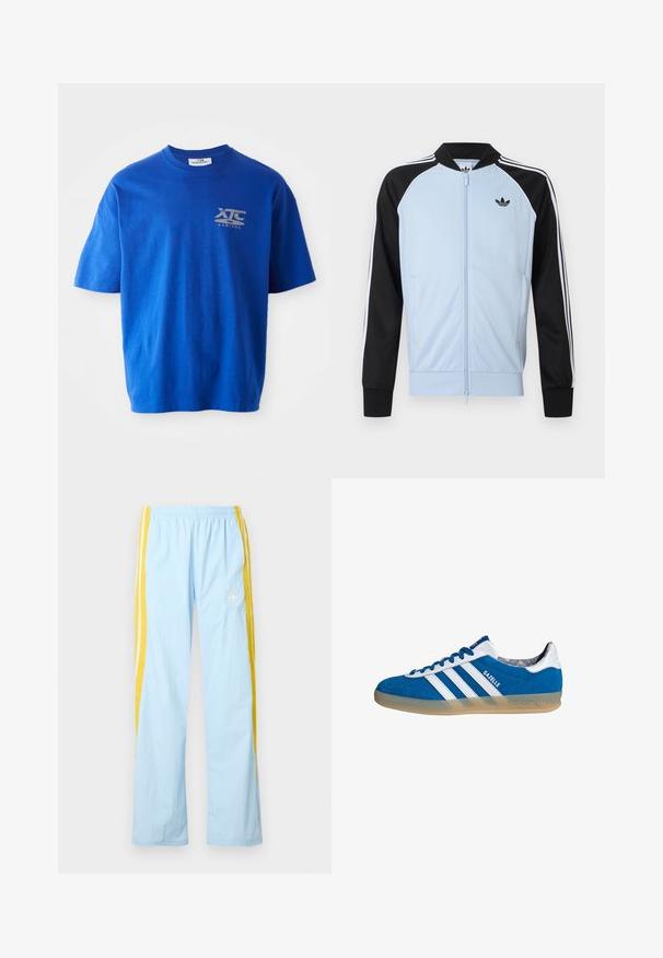 Chaqueta deportiva azul claro con mangas negras, rayas blancas a lo largo de las mangas, cremallera frontal y un pequeño logo negro de Adidas en el pecho.; Camiseta de algodón azul con mangas cortas, con un logo gris en la parte superior izquierda del pecho, escote redondo y un corte relajado.; Pantalones deportivos azul claro con rayas amarillas a los lados, cintura elástica, ajuste holgado y un logo sutil en la parte delantera. Hechos de material ligero.; Zapatilla Adidas Gazelle azul y blanca con suela de goma y tres franjas blancas, vista desde un lado sobre un fondo blanco.