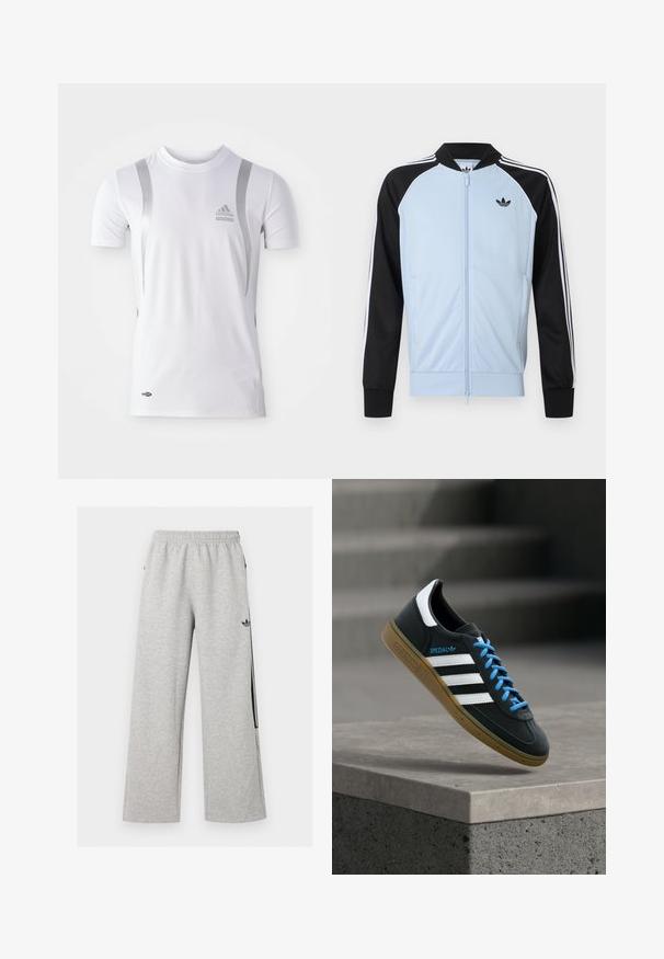 Lyseblå træningsjakke med sorte ærmer, hvide striber langs ærmerne, lynlås foran og et lille sort Adidas-logo på brystet.; Hvid kortærmet træningsskjorte med sølvdetaljer, med rund hals og et Adidas-logo på brystet. Lavet af fugttransporterende materiale.; Lysegrå vidtløftede joggingbukser med elastisk talje og sort Adidas trefoil-logo på højre lår.; Sort Adidas sneaker med hvide striber, blå snørebånd og gummisål, der svæver over gråt betontrin i blødt lys.