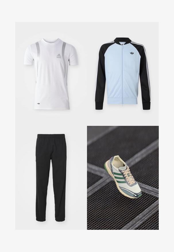 Lyseblå træningsjakke med sorte ærmer, hvide striber langs ærmerne, lynlås foran og et lille sort Adidas-logo på brystet.; Hvid kortærmet træningsskjorte med sølvdetaljer, med rund hals og et Adidas-logo på brystet. Lavet af fugttransporterende materiale.; Sorte letvægts joggerbukser med elastisk talje, tætsiddende ben, samlede manchetter og sidelommer for øget funktionalitet.; Hvide og grønne mesh sneakers med beige snørebånd, svævende over et mørkt metalristegulv.