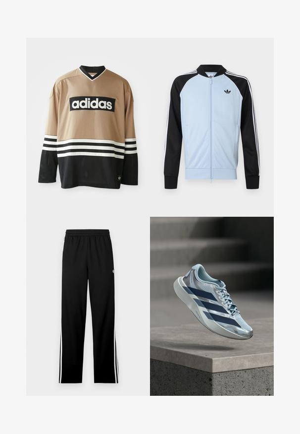 Svetlomodrá športová bunda s čiernymi rukávmi, bielymi pruhmi na rukávoch, predným zipsom a malým čiernym logom Adidas na hrudi.; Dlhý rukáv športovej dresy Adidas v béžovej a čiernej farbe s bielymi pruhmi, sieťovina a logo Adidas na hrudi a dolnom leme.; Čierne športové nohavice z sieťoviny, s rovno strihaným dizajnom, elastickým pásom a bielymi bočnými pásikmi. Zobrazené športové logo.; Svetlomodrá a strieborná bežecká topánka s tmavomodrými pruhmi plávajúca nad betónovým lemom s rozmazanými schodmi v pozadí.