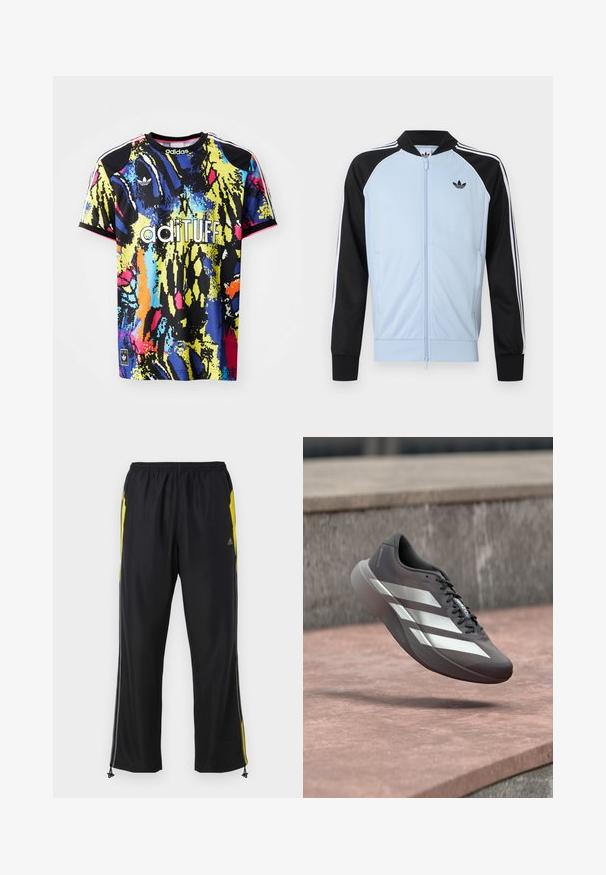 Lichtblauw trainingsjack met zwarte mouwen, witte strepen langs de mouwen, een ritssluiting aan de voorkant en een klein zwart Adidas-logo op de borst.; Multikleurige adidas sporttrui met een levendig abstract patroon, korte mouwen, ronde hals en het "adituff" logo op de voorkant.; Zwarte sportbroek met gele zijkanten, elastische tailleband en met rits te sluiten zijzakken. Gemaakt van lichtgewicht, gladde stof.; Grijze en witte Adidas hardloopschoen zweeft in de lucht boven stenen trappen op een buitenoppervlak.