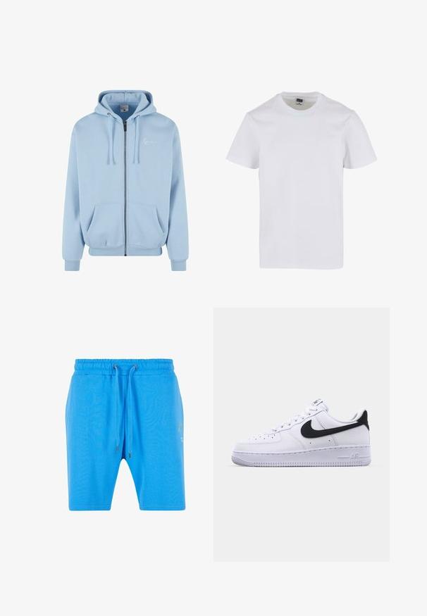Sudadera con cremallera de color azul claro, hecha de una tela suave. Presenta una capucha, bolsillos frontales, puños ribeteados y dobladillo, con un pequeño logo blanco en el pecho.; Camiseta de algodón blanca con cuello redondo, mangas cortas y un corte holgado. Textura suave sin patrones ni acentos visibles.; Pantalones cortos de algodón azul con una cinturilla elástica, cierre de cordón y un sutil detalle gráfico en el lado. Textura suave y corte holgado.; Zapatilla blanca de cuero con un Swoosh negro texturizado, cordones planos y una suela de goma con un patrón estriado. "AIR" está grabado en el talón.