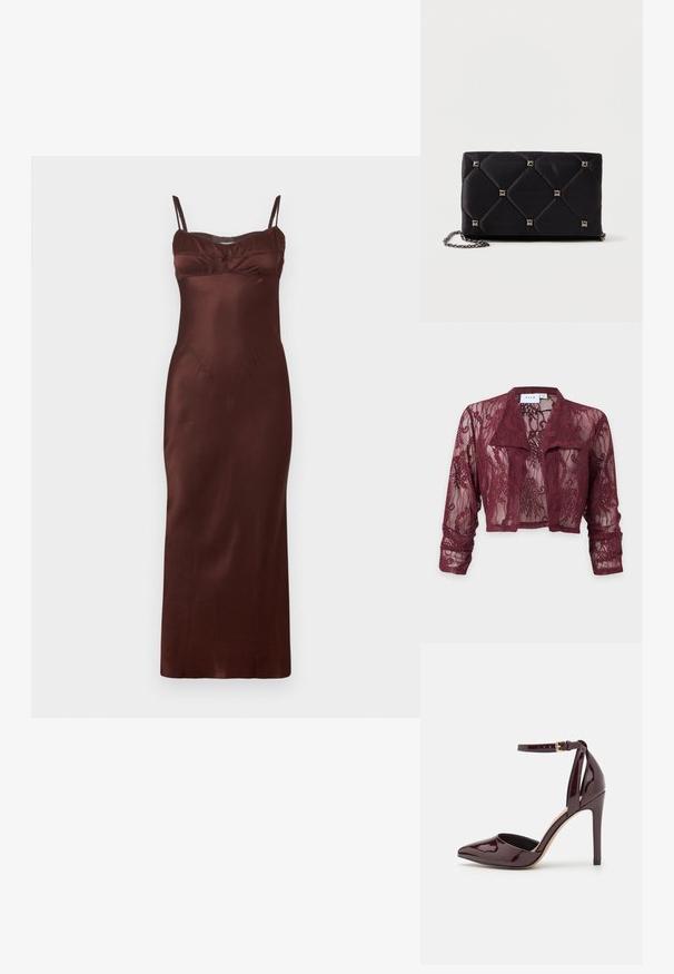Bordeaux cropped kanten jas met lange mouwen, een opgevouwen kraag en bloemmotief in kant, gemaakt door VILA, getoond op een effen achtergrond.; Satin-midi-jurk in donkerbruin met dunne verstelbare bandjes, aansluitend lijfje, gepofte details bij de buste en een gladde textuur.; Bordeauxkleurige lakleren hoge hak schoen met een puntige neus, enkelbandje en een 10 cm hoge stilleto hak. Gladde textuur en minimale details.; Zwarte gewatteerde satijnen clutch met zilveren piramide studs, kettingriem, rechthoekige vorm en een gladde textuur. Afmetingen van 10 cm x 18 cm x 4 cm.