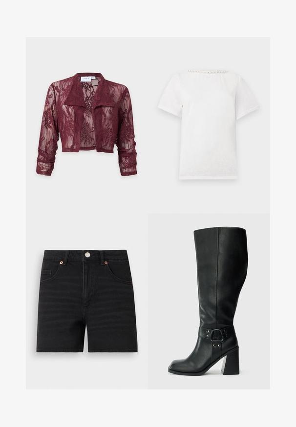 Bordeaux cropped kanten jas met lange mouwen, een opgevouwen kraag en bloemmotief in kant, gemaakt door VILA, getoond op een effen achtergrond.; Witte T-shirt met korte mouwen en een ronde halslijn, voorzien van een rij decoratieve parels langs de kraag.; Zwarte denimshorts met knoopsluiting aan de voorkant, riemlussen, twee voorzakken en een klein muntenzakje, plat op een witte achtergrond weergegeven.; Kniehoge zwarte leren laarzen met een vierkante neus, brede hak en een decoratieve band met metalen accenten rond de enkel. Gladde textuur.