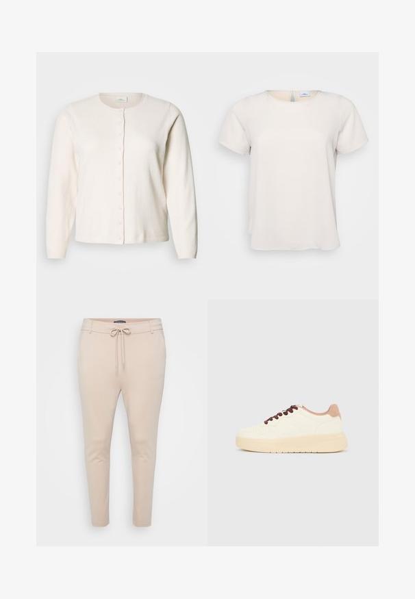 Lysebeige cardigan, strikket stof, rund halsudskæring, lange ærmer, knaplukning foran med seks matchende knapper, glat tekstur.; Kortærmet, rundhalset top i lys beige stof med en glat tekstur; har en nøglehulsdetalje på ryggen og en afslappet pasform.; Beige letvægts joggerbukser med snoretræk i taljen og to sidelommer. Glat tekstur, tapered ben og minimalt sømadetail.; Beige lavt skindesko med tyk sål, perforeret tå, lyserød hælkant og mørkebrune snørebånd på ensfarvet lysegrå baggrund.